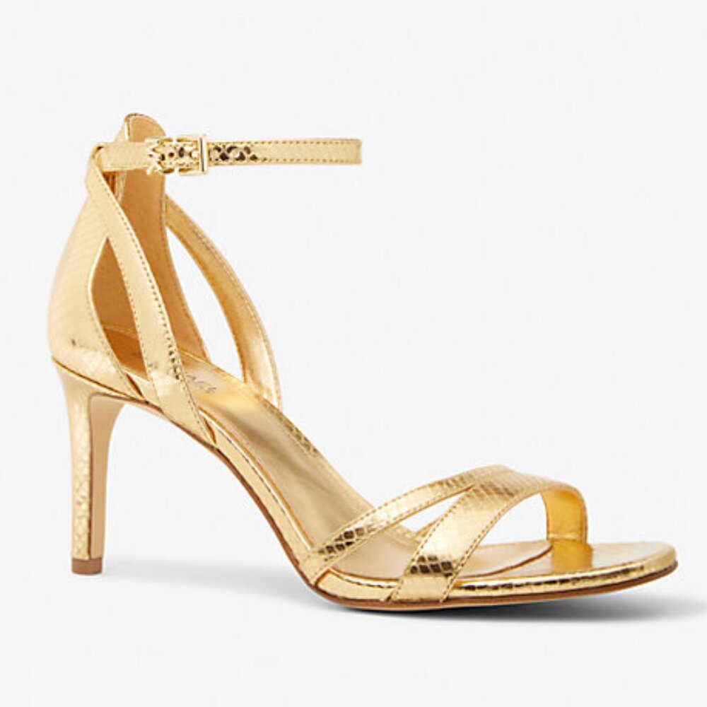 NIB Michael Kors Kimberly Metallic Snake Embossed Leather Sandal Gold